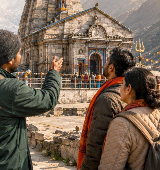 A Trikuta representative guiding pilgrims at the Kedarnath temple