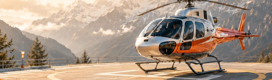 Helicopter on a Himalayan helipad at sunrise, ready for the Char Dham Yatra
